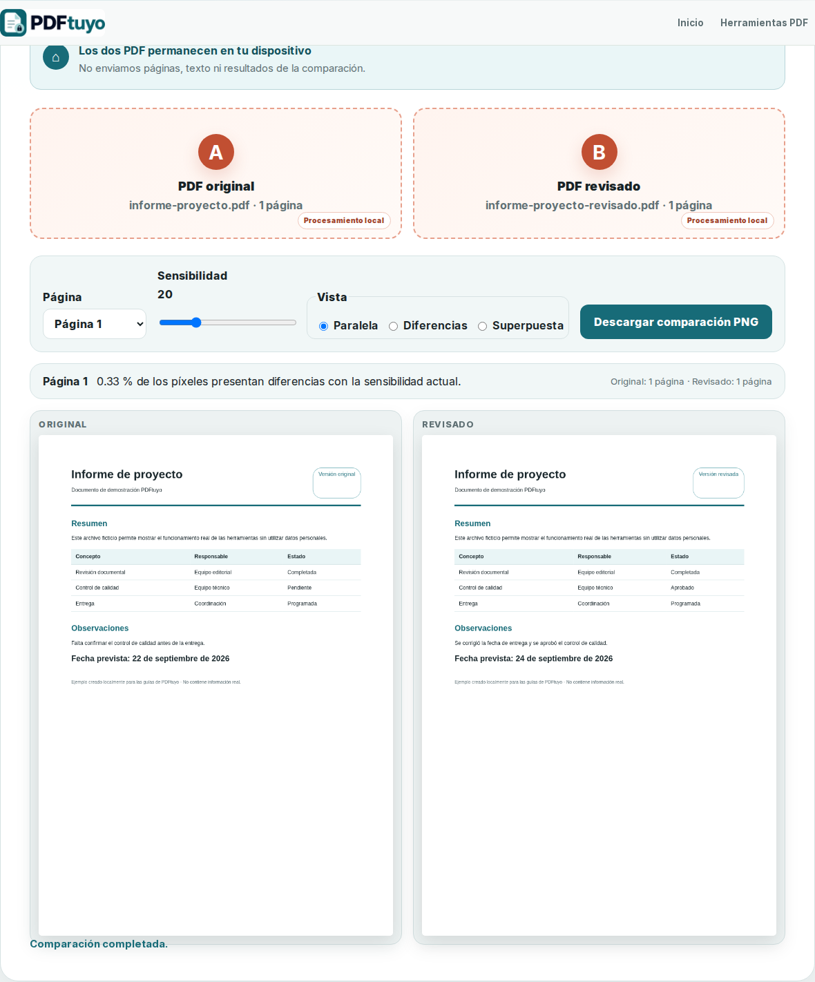 Comparación paralela entre dos versiones ficticias de un PDF
