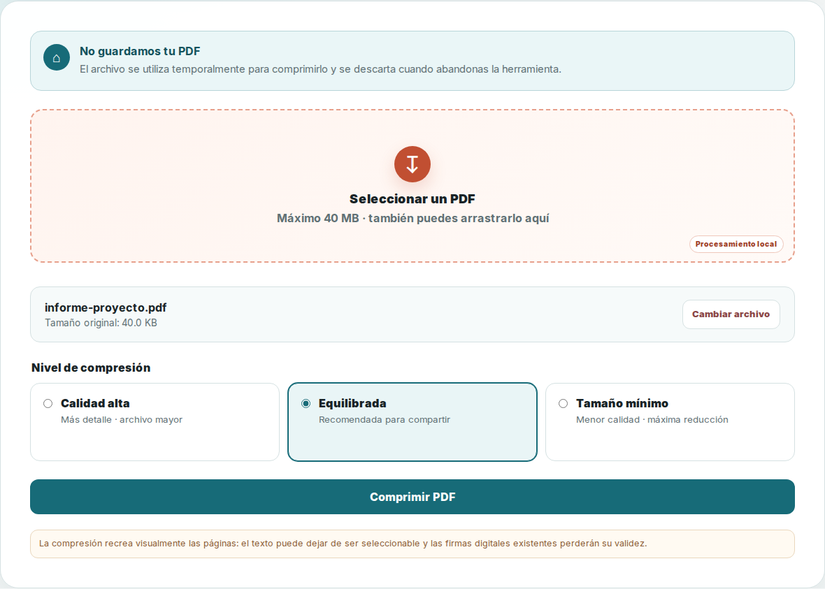 Ajustes de compresión de PDFtuyo con un documento de demostración
