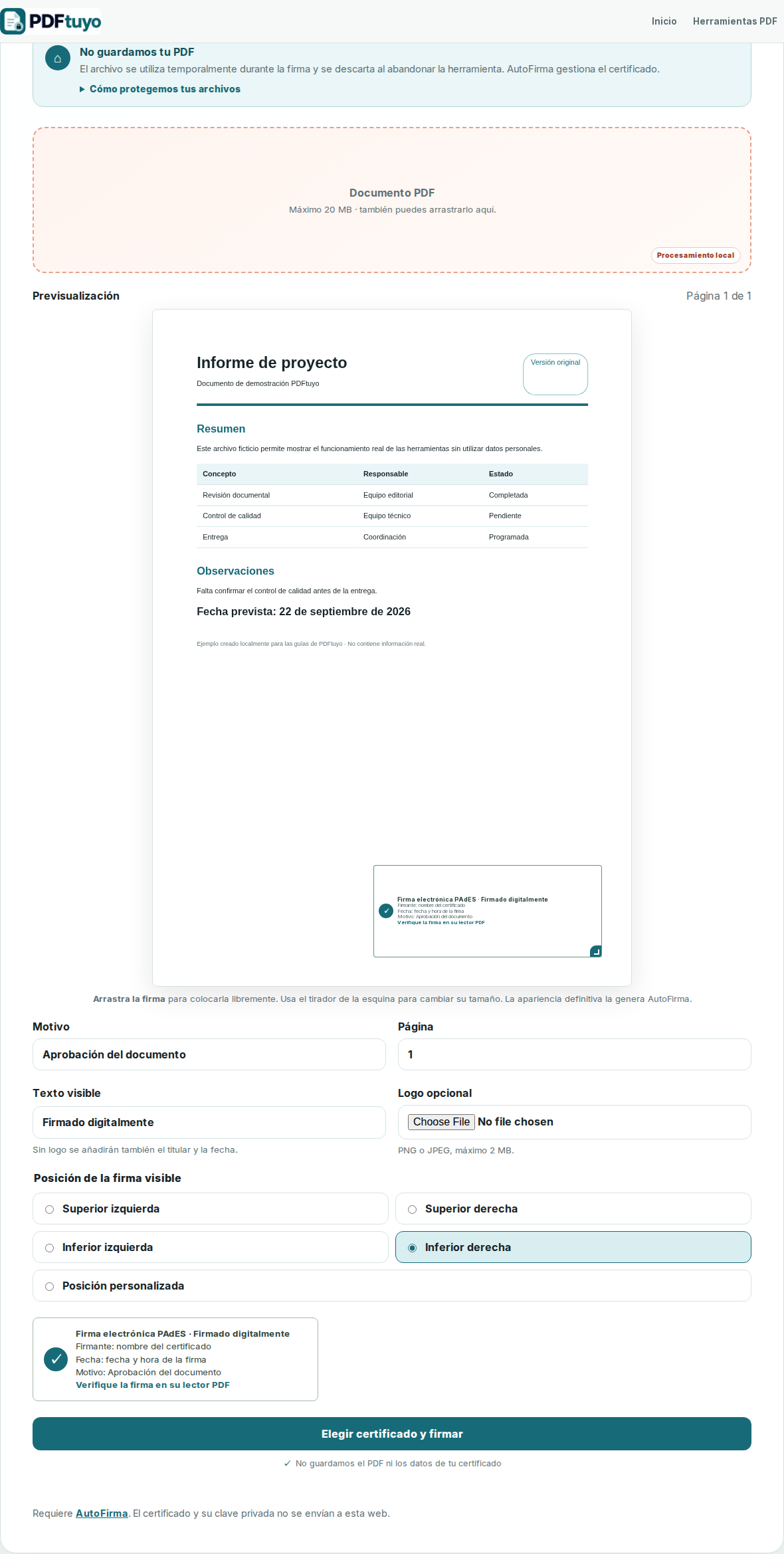 Configuración de firma digital en PDFtuyo antes de abrir AutoFirma