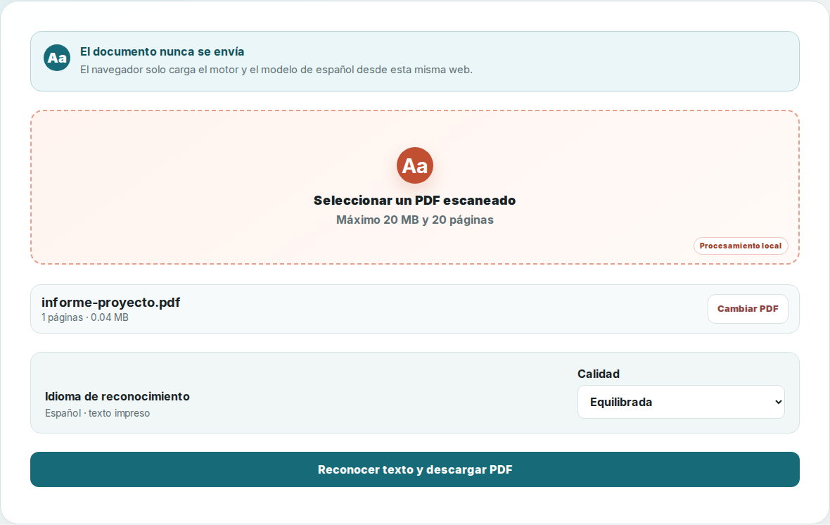 Herramienta OCR de PDFtuyo lista para reconocer un documento