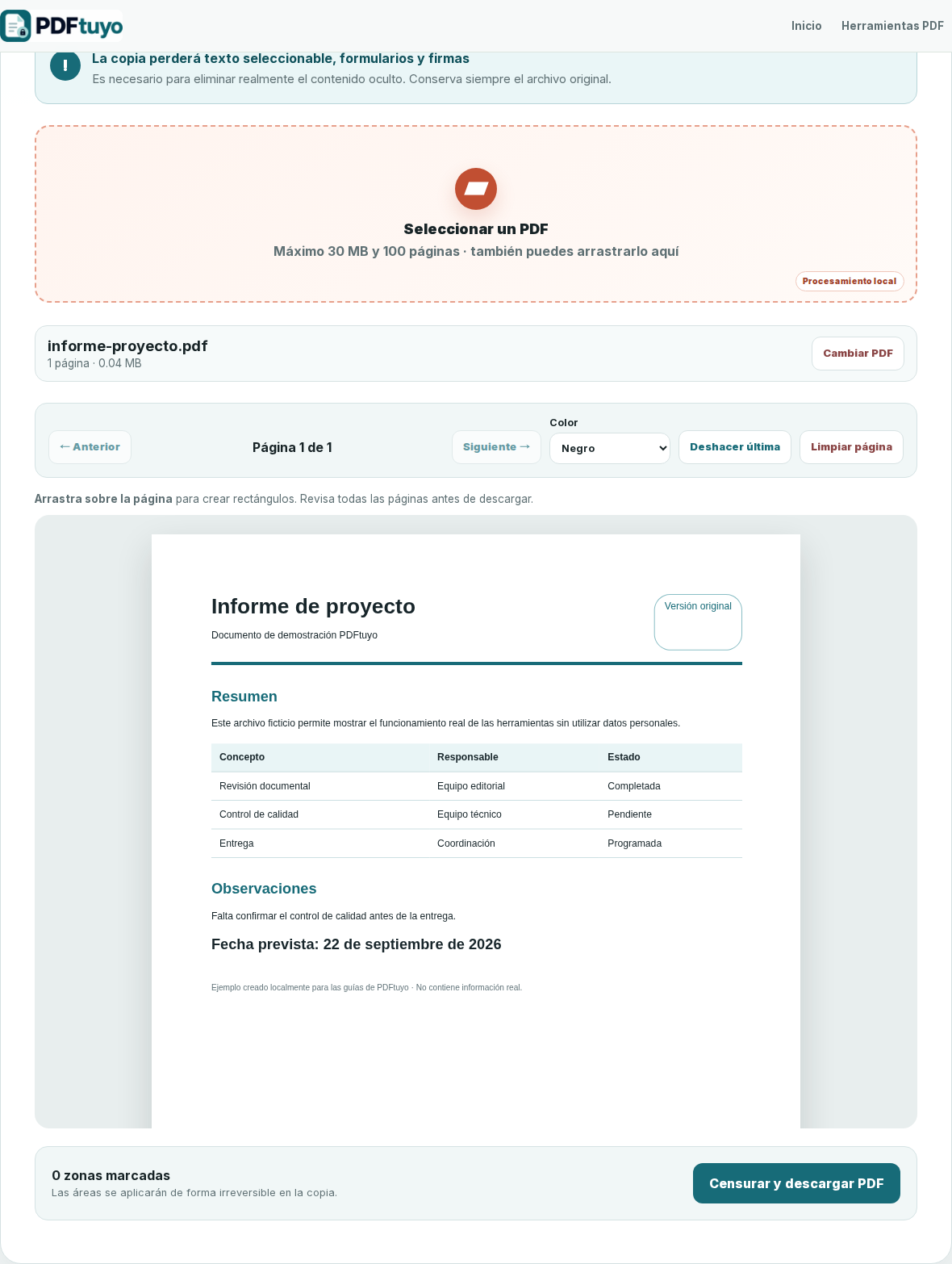 Herramienta de PDFtuyo para ocultar datos con un PDF de demostración cargado
